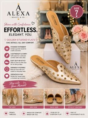Cape Robin Golden Studded Slip-On Flats - Size 7